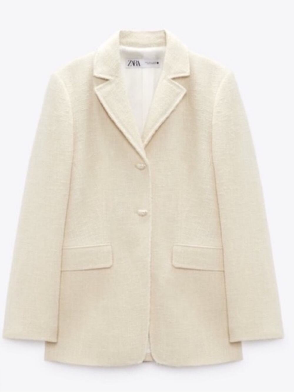Zara Tweed Textured Cotton Cream Blazer Pearl Buttons size Large Lined